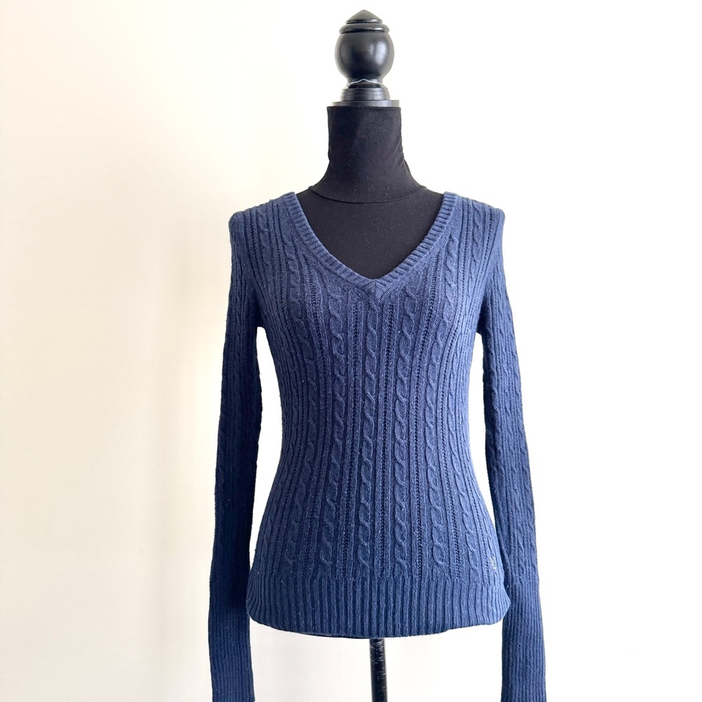 American Eagle Vintage 2000s Cable Knit V-Neck Sweater Navy Blue cotton blend